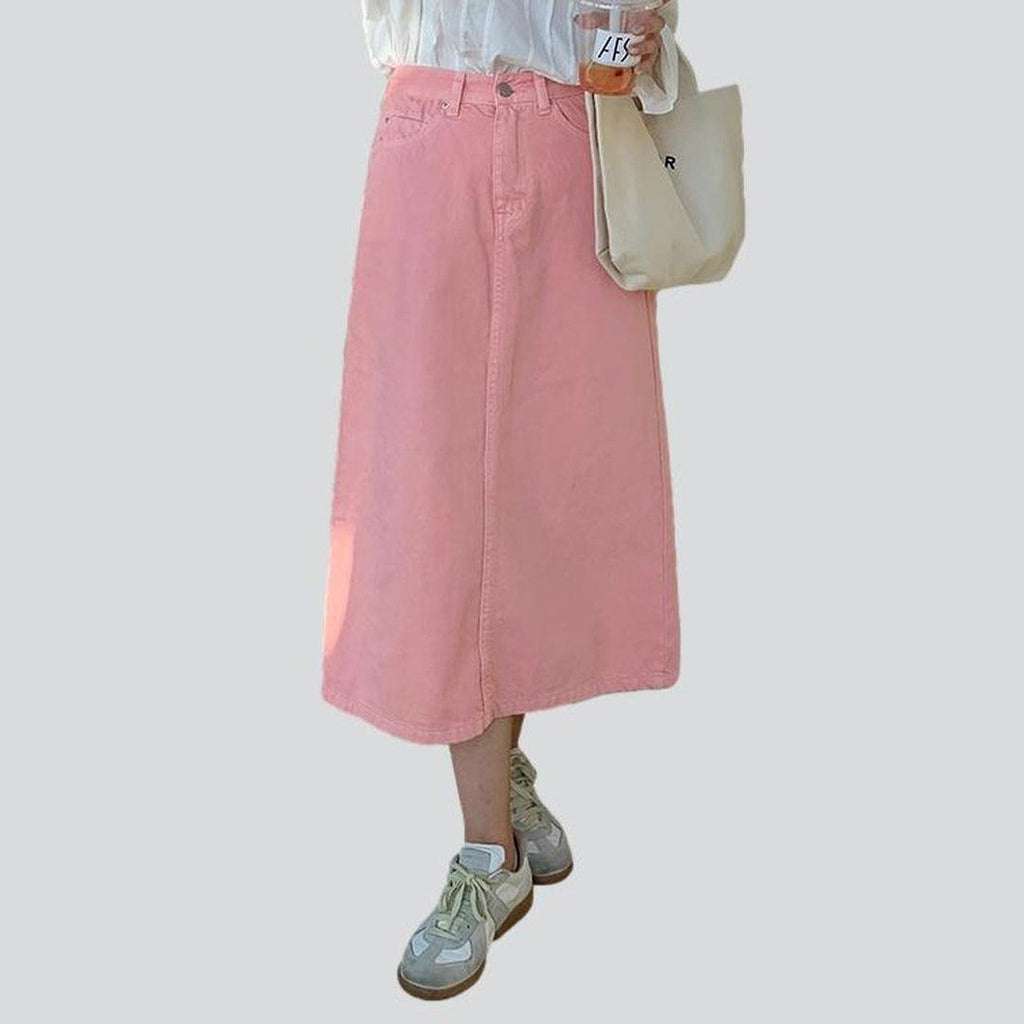 A-line pink long denim skirt