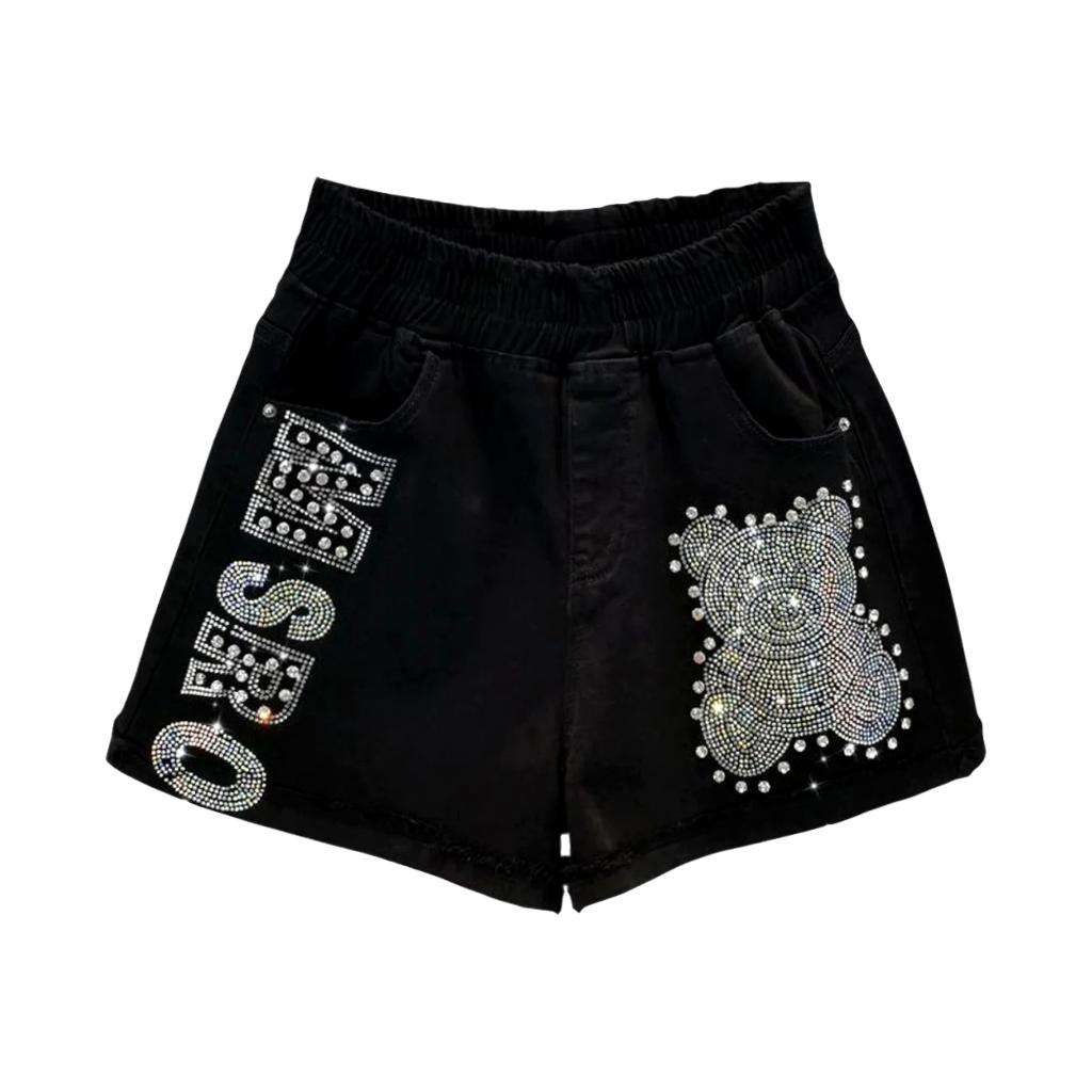 Black teddy rhinestone denim shorts