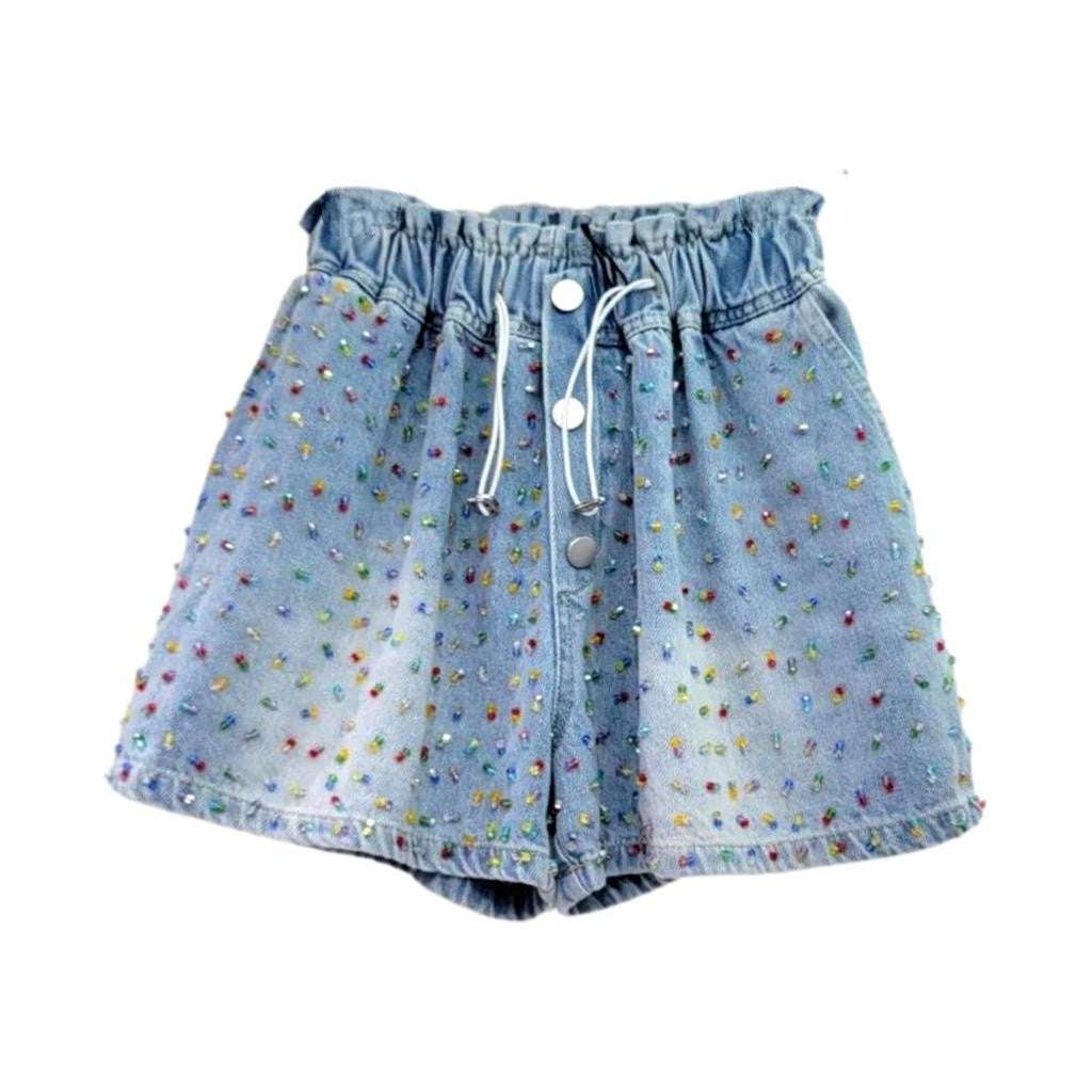 Baggy tiny rhinestone denim shorts